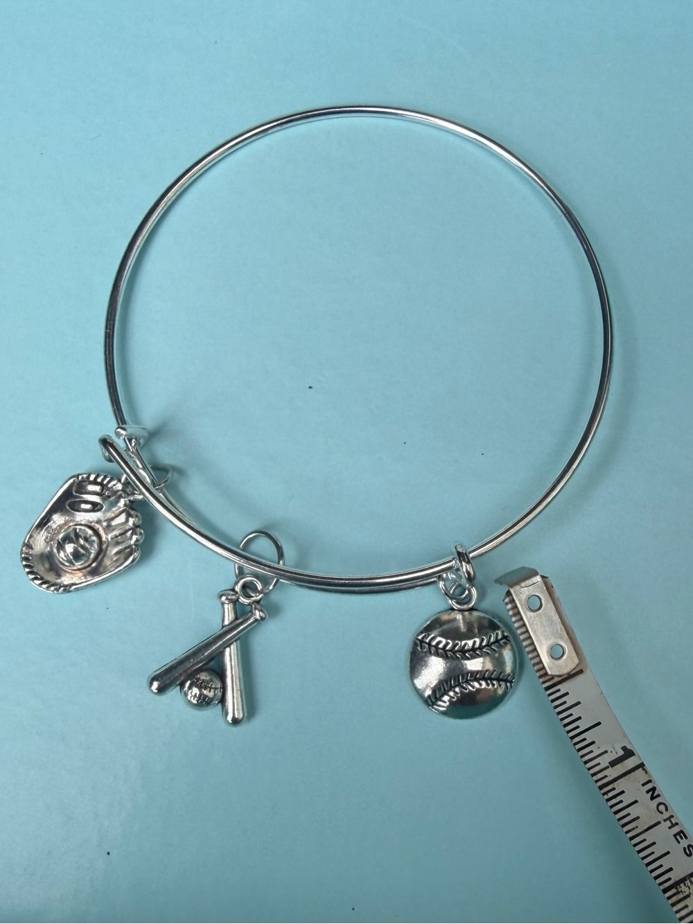 Handcrafted Softball Charm Bangle Bracelet Girls Silver Tone - Sports Jewelry - Picture 4 of 6